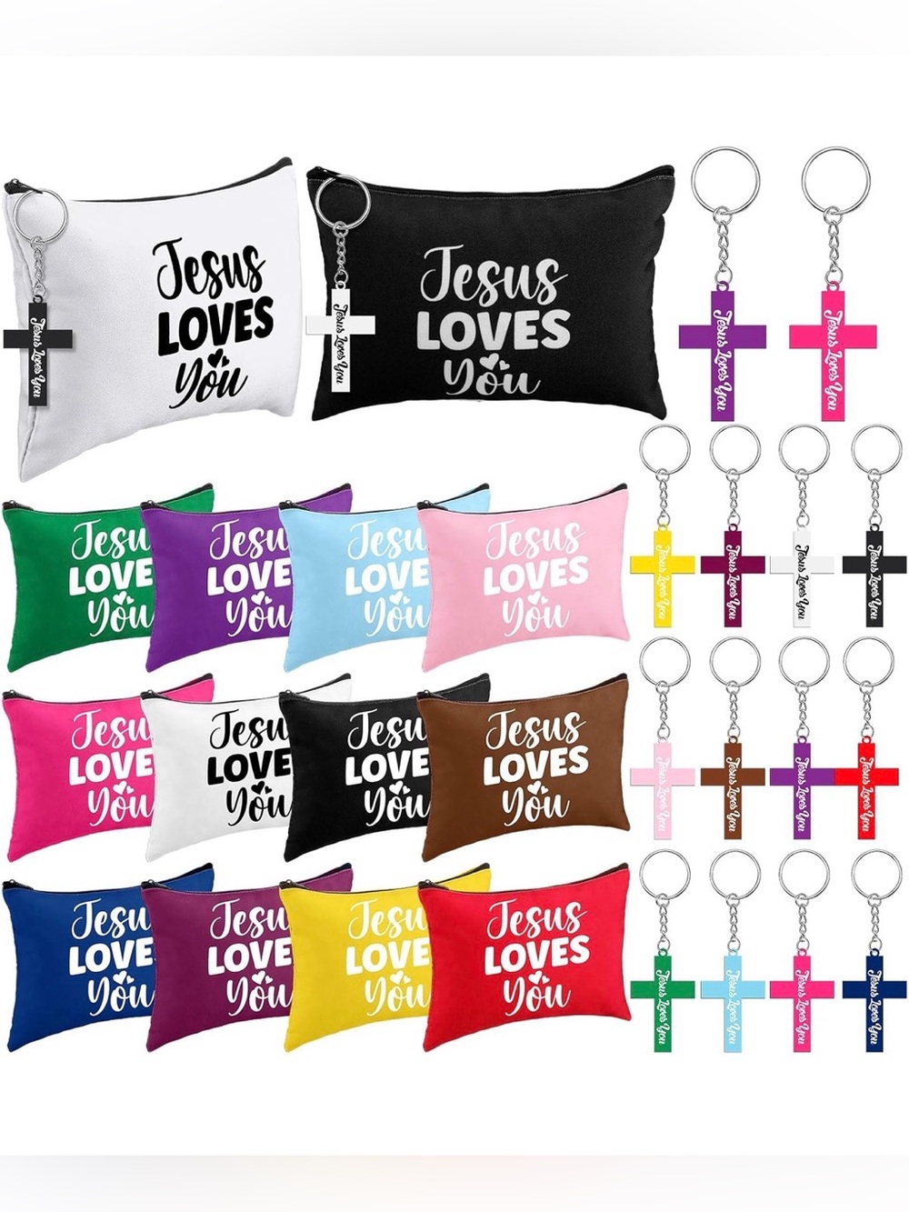 Jesus Loves You 12 count canvas pouches and Keychain gift set- Multiple Colors